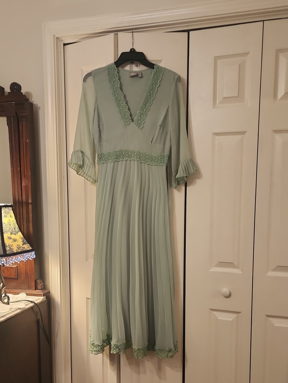 ASOS Sage Green Lace-Trim Pleated Midi Dress
